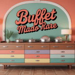 Buffet Mado rare vintage avec façade pastel et poignées chromées