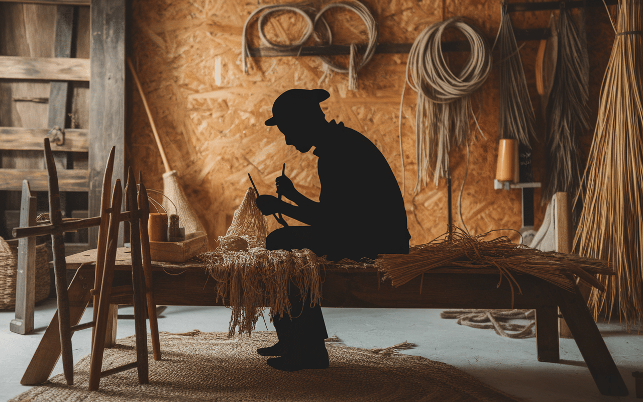 artisan fabriquant un charpoy en bois et corde en inde