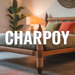 charpoy artisanal indien avec cordes tressées et coussins colorés