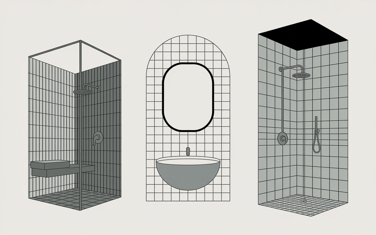 différents types etagere douche italienne illustration