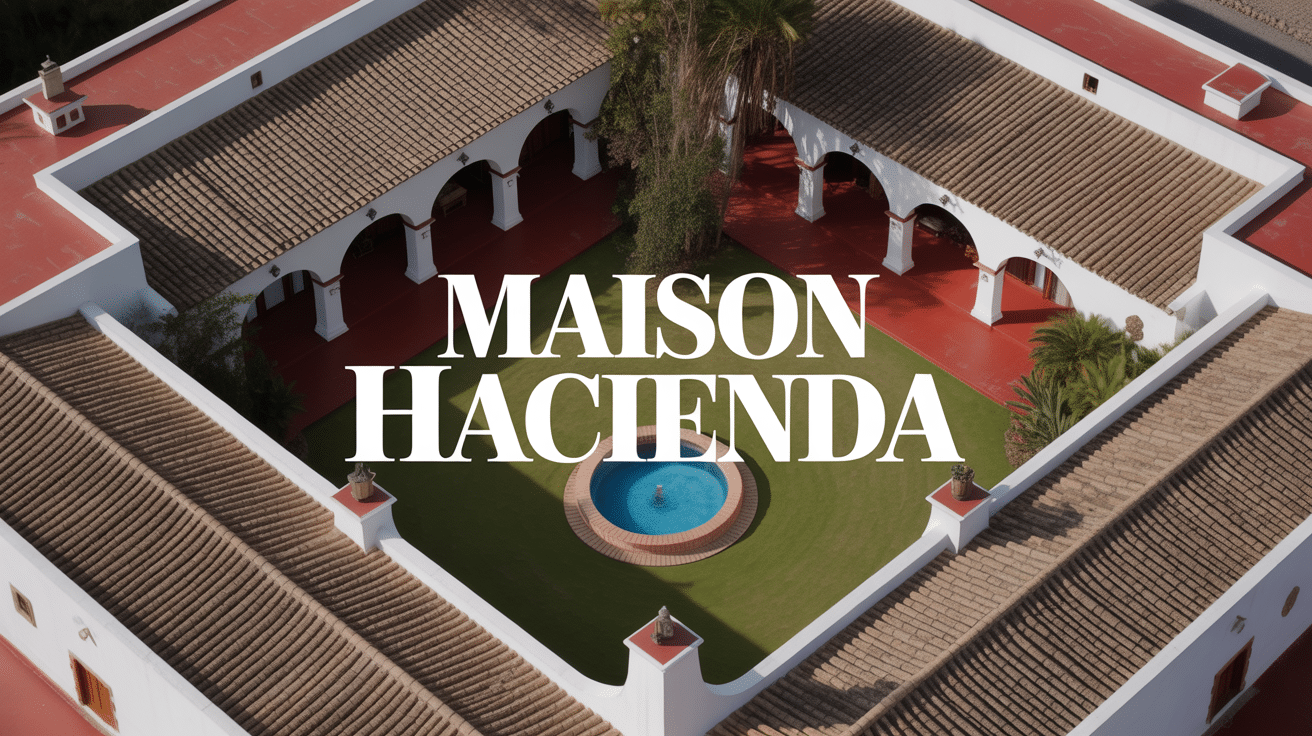 Maison hacienda avec patio central, tuiles rouges, murs blancs