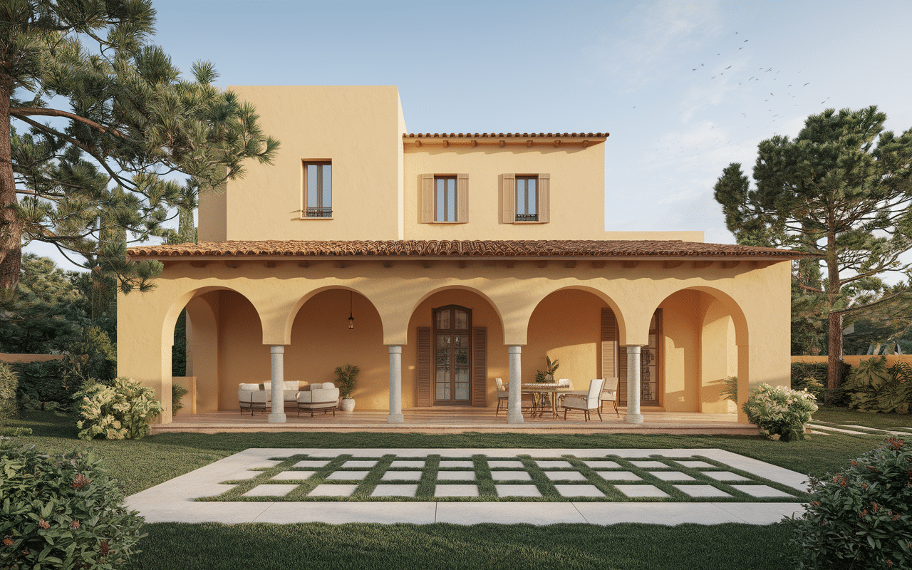 façade maison style italienne avec arcades et végétation