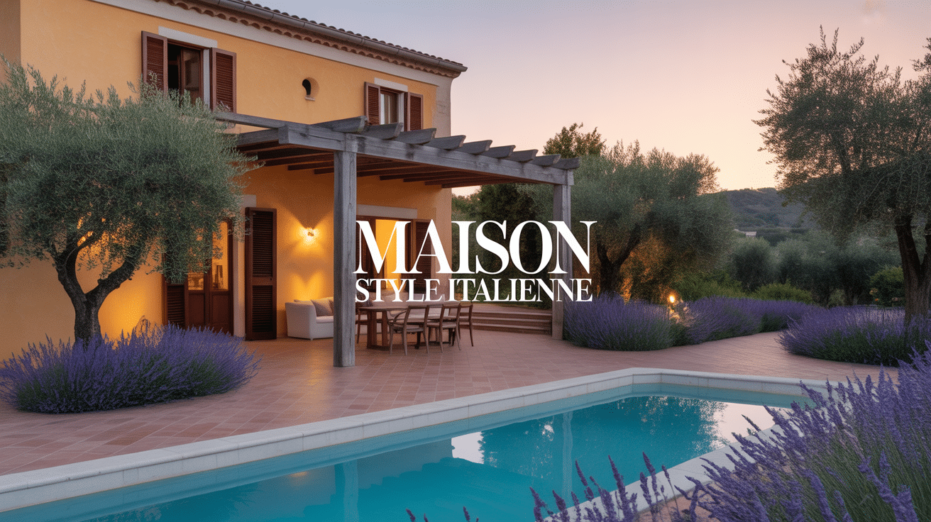 maison style italienne avec façade ocre, terrasse et oliviers