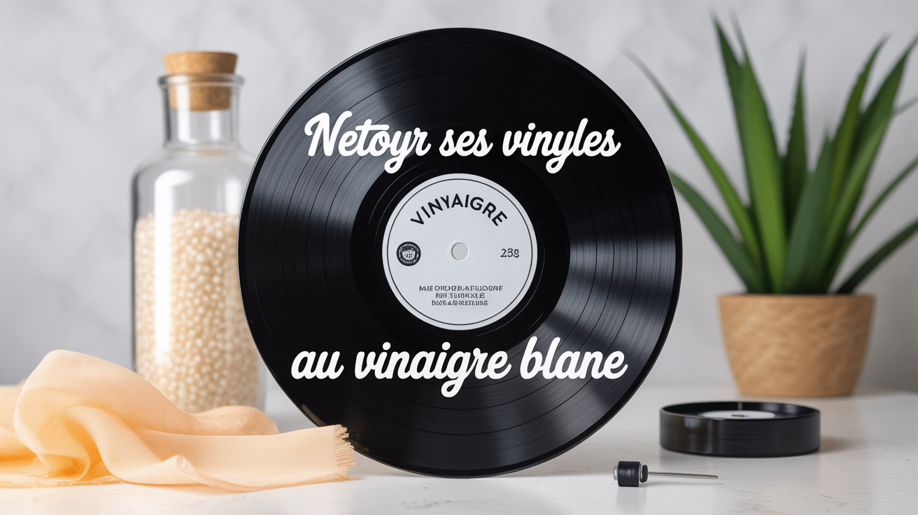 nettoyer vinyle vinaigre blanc avec chiffon microfibre et bouteille