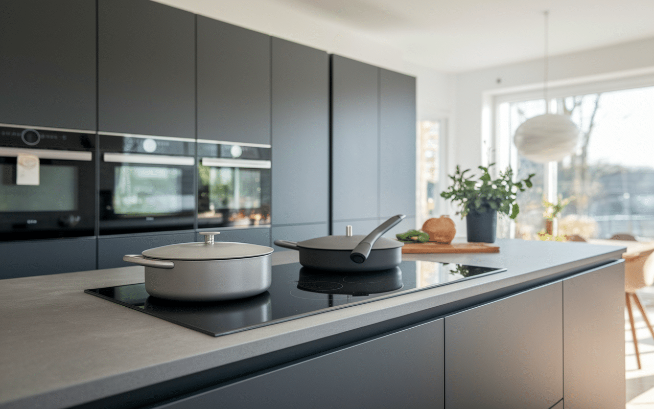 Plan de travail en dekton gris anthracite ustensiles design