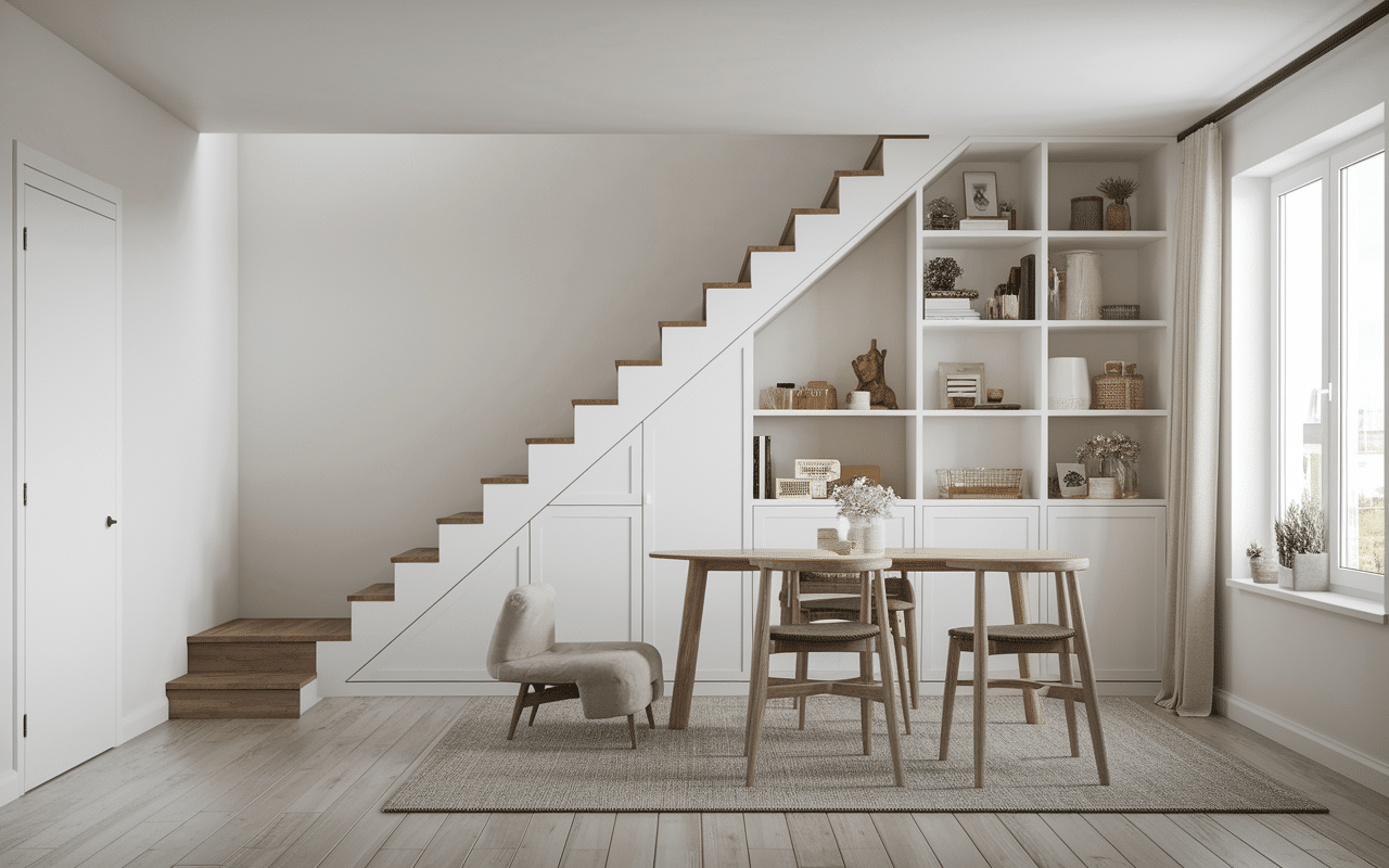 rangement sur mesure aménagement petite maison 50m2 sous escalier et meubles multifonctions