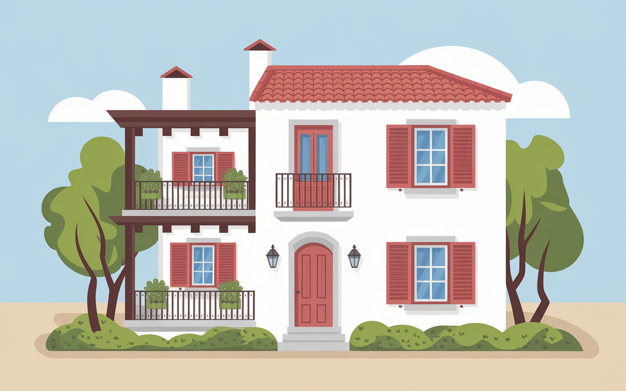 Façade maison typique espagnole murs blancs tuiles rouges