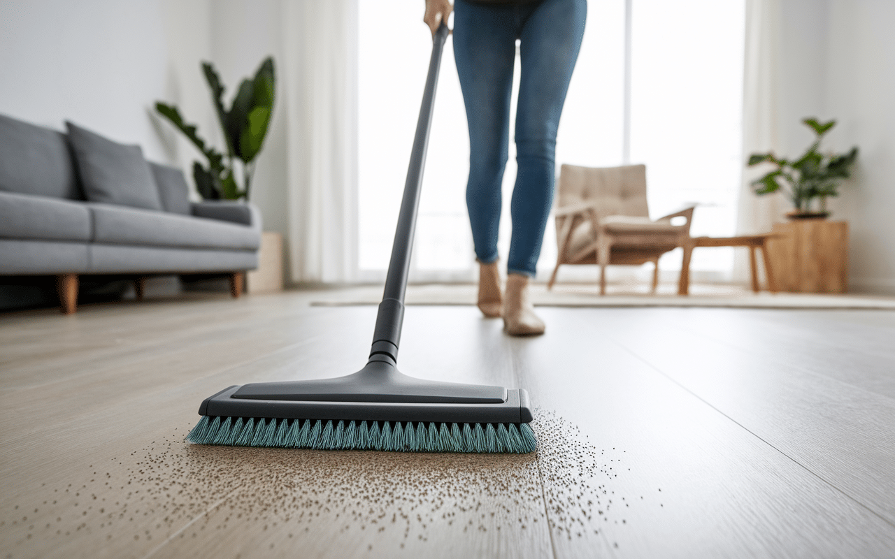 Balai en microfibres nettoyant sol à côté d’un balai classique