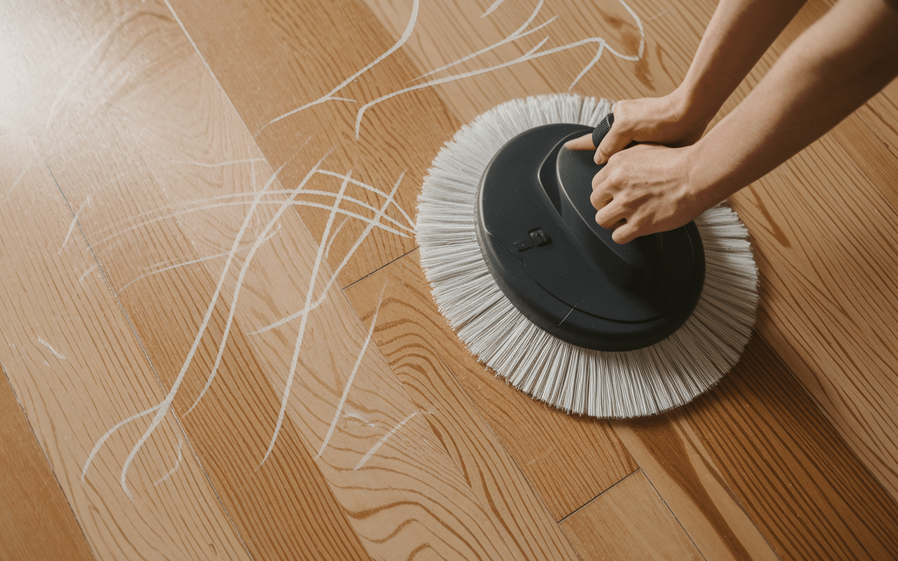 Nettoyage parquet avec balai en microfibres et mouvement fluide