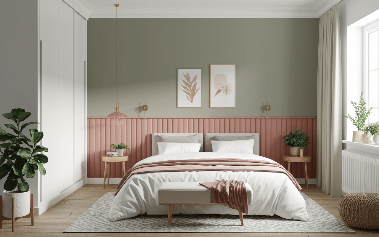 Chambre moderne peinture rose poudré et taupe
