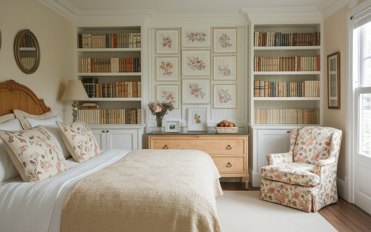 chambre style cottage anglais avec tête de lit bois et textiles naturels