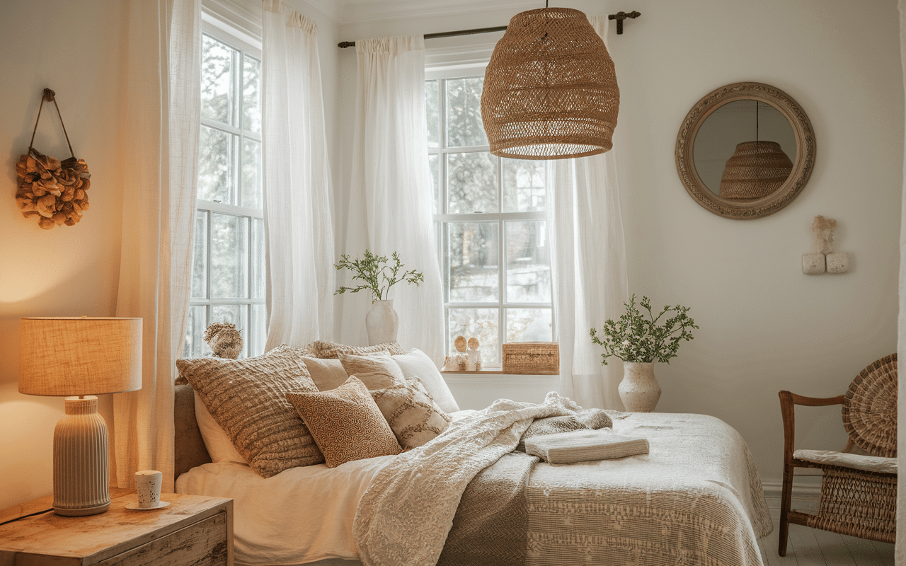 chambre style cottage anglais cocooning éclairage doux et déco osier