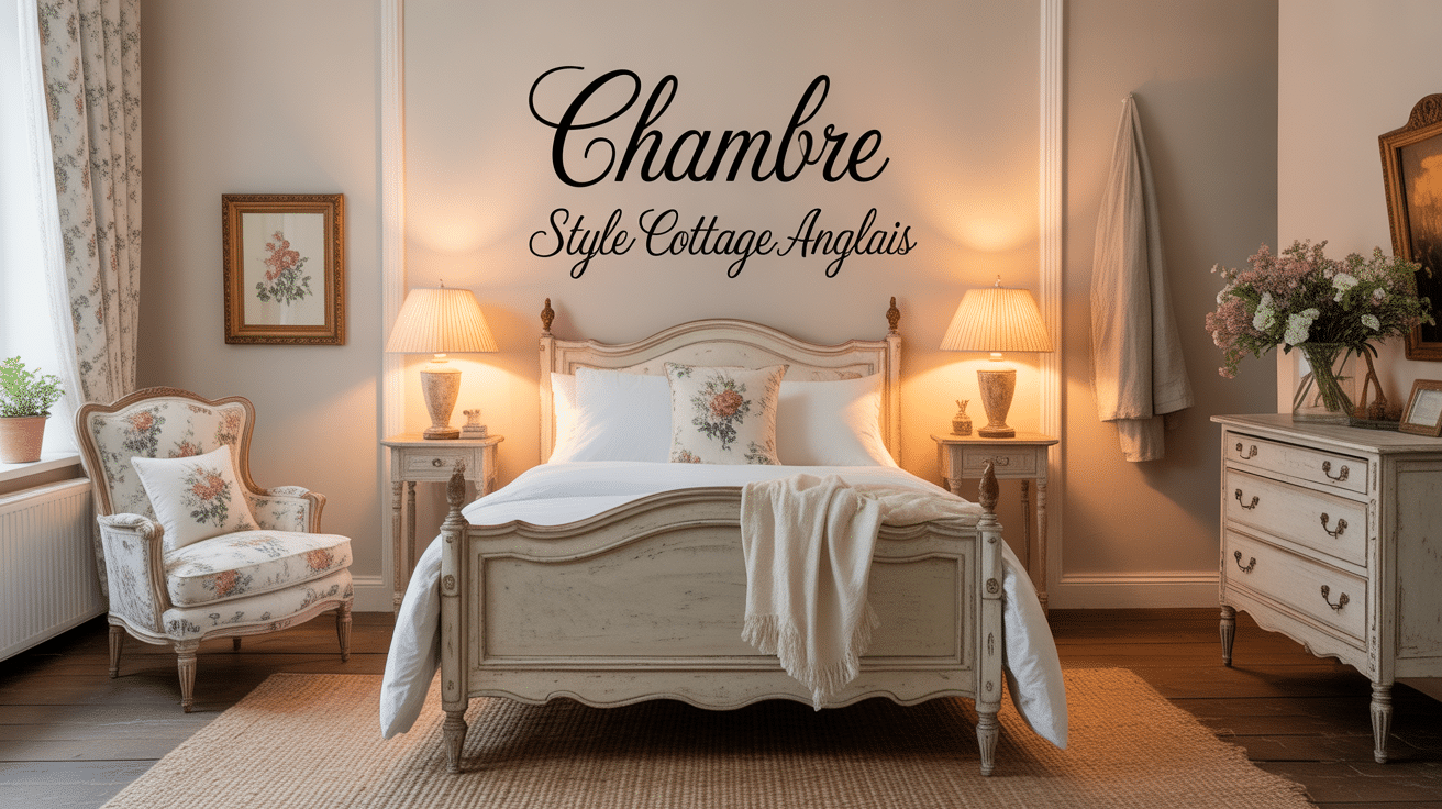 chambre style cottage anglais cosy avec lit bois patiné et coussins fleuris