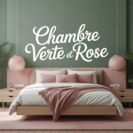 Chambre verte et rose moderne avec lit bois clair et décoration harmonieuse