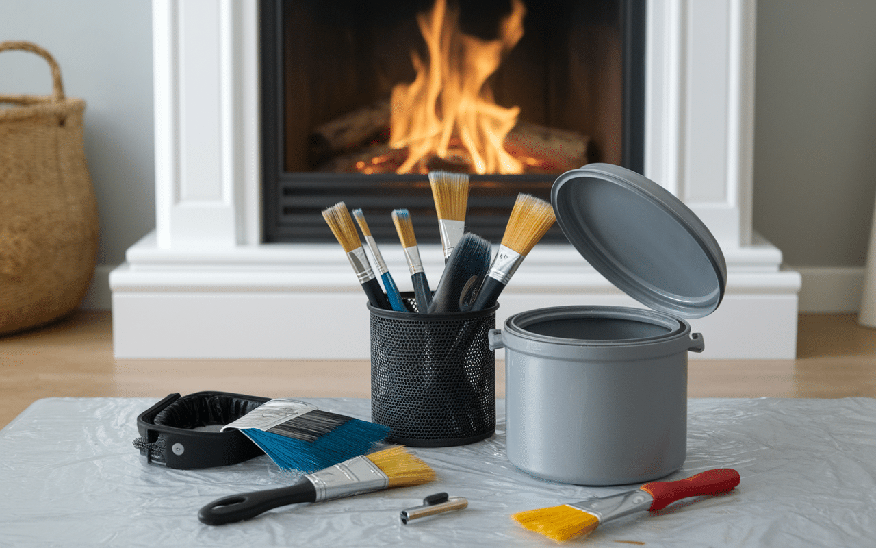 Outils pour repeindre une cheminée mis en avant sur bâche