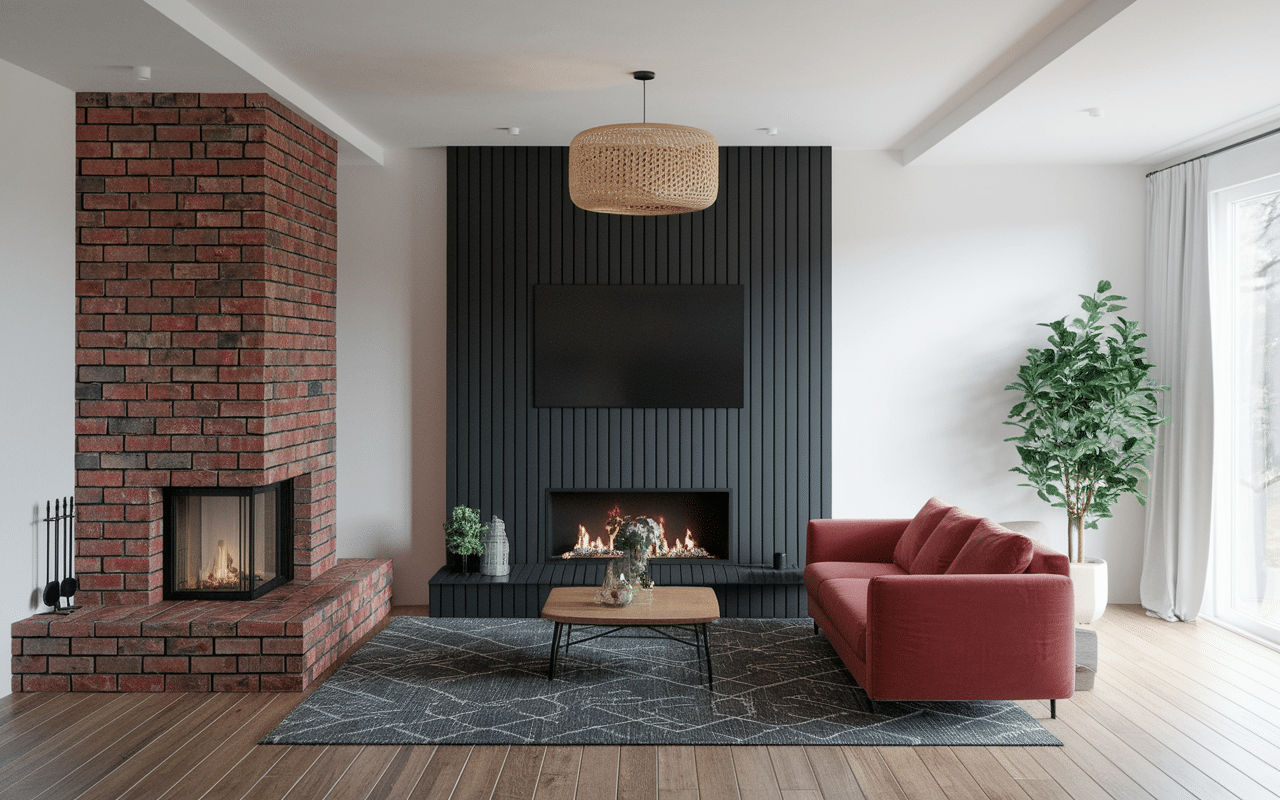 Cheminée repeinte effet avant après brique rouge versus noir élégant