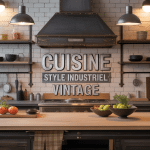 Cuisine style industriel vintage avec ilot bois metal et briques