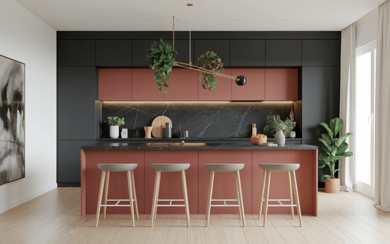 Vue d'ensemble cuisine terracotta et noir style contemporain