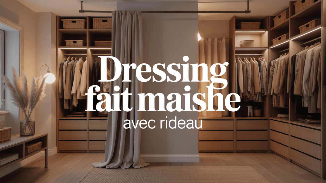 Dressing fait maison avec rideau beige et structure bois