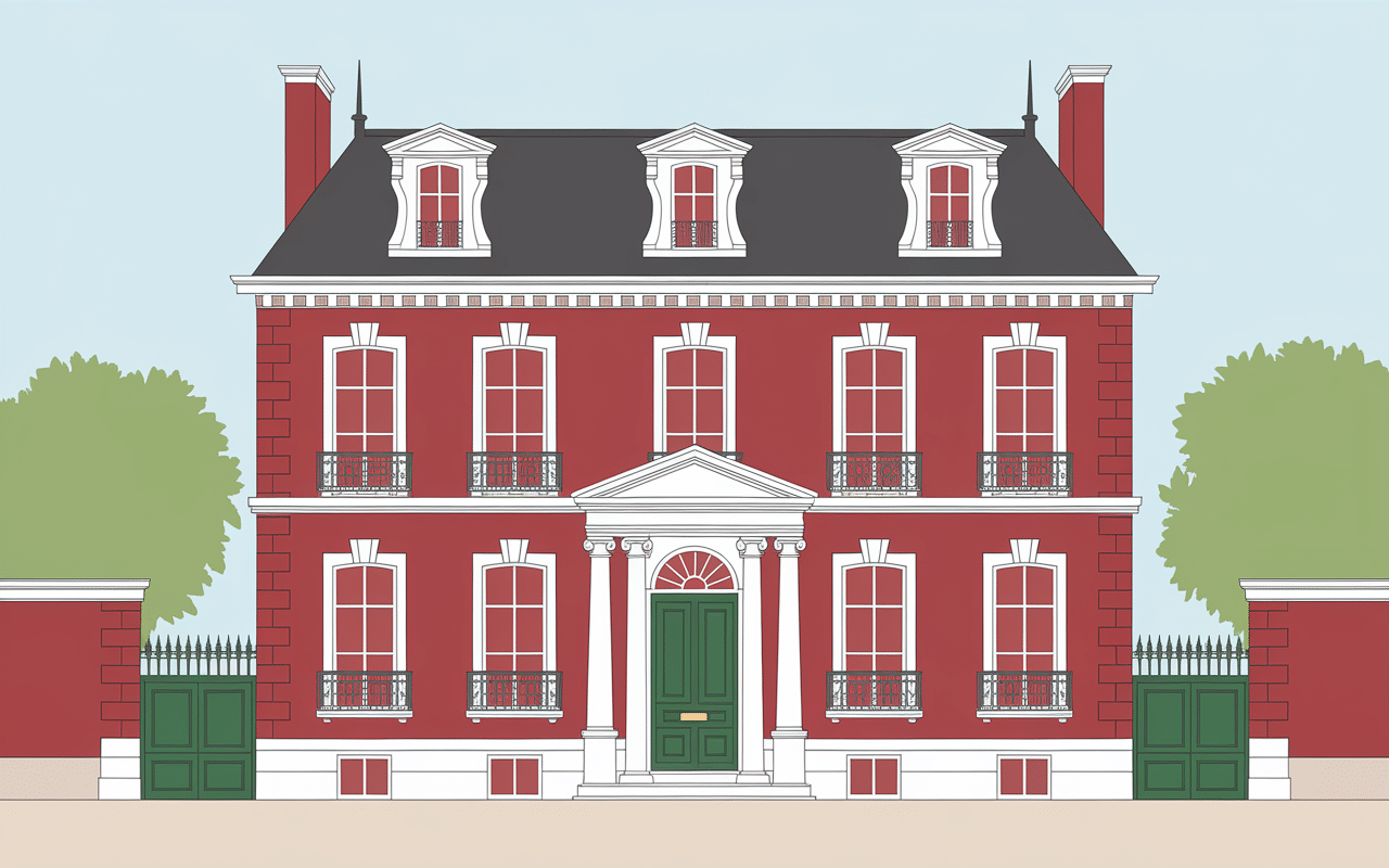 Façade maison anglaise typique briques rouges avec bow-windows