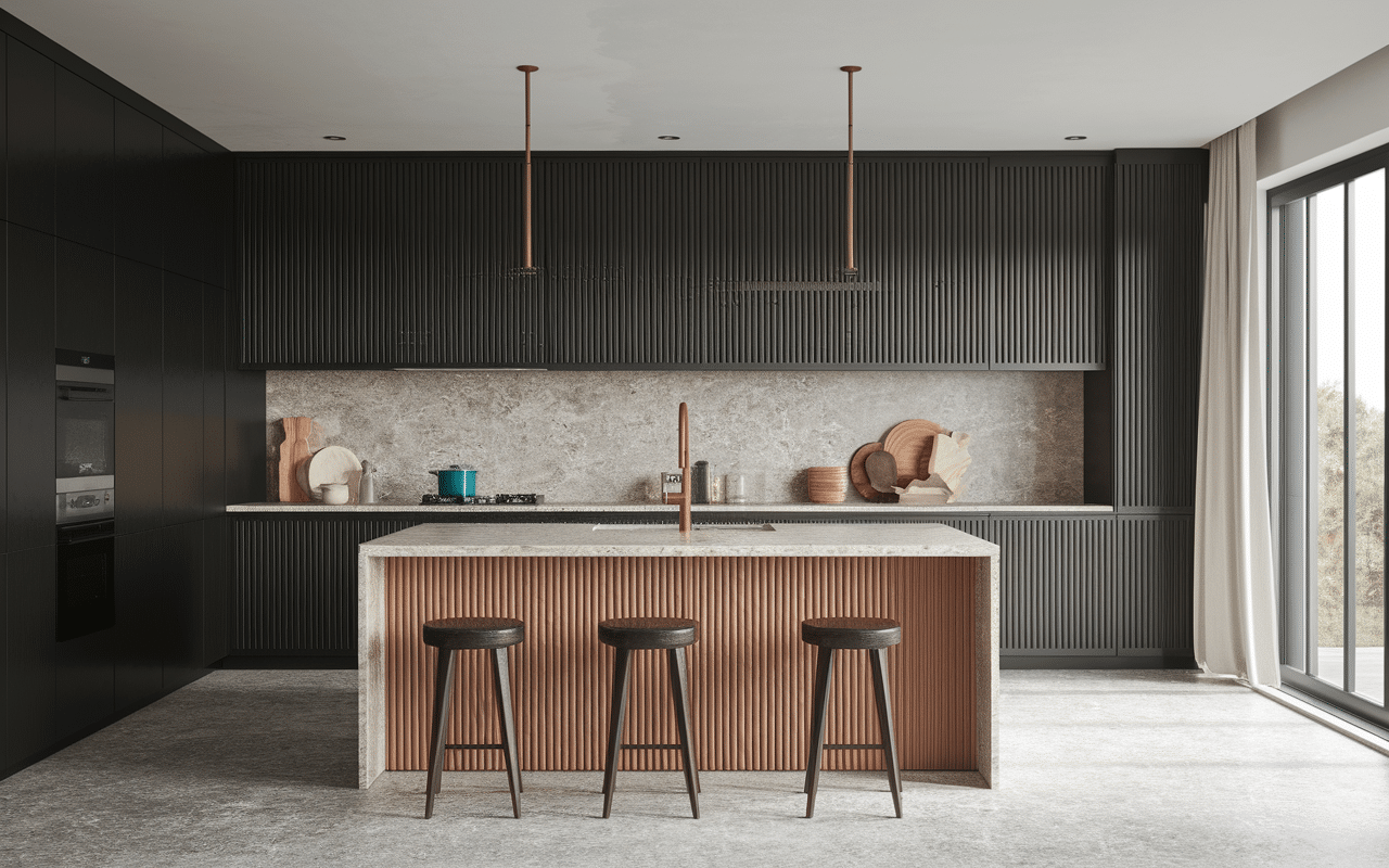 Gros plan matériaux cuisine terracotta et noir, finitions élégantes