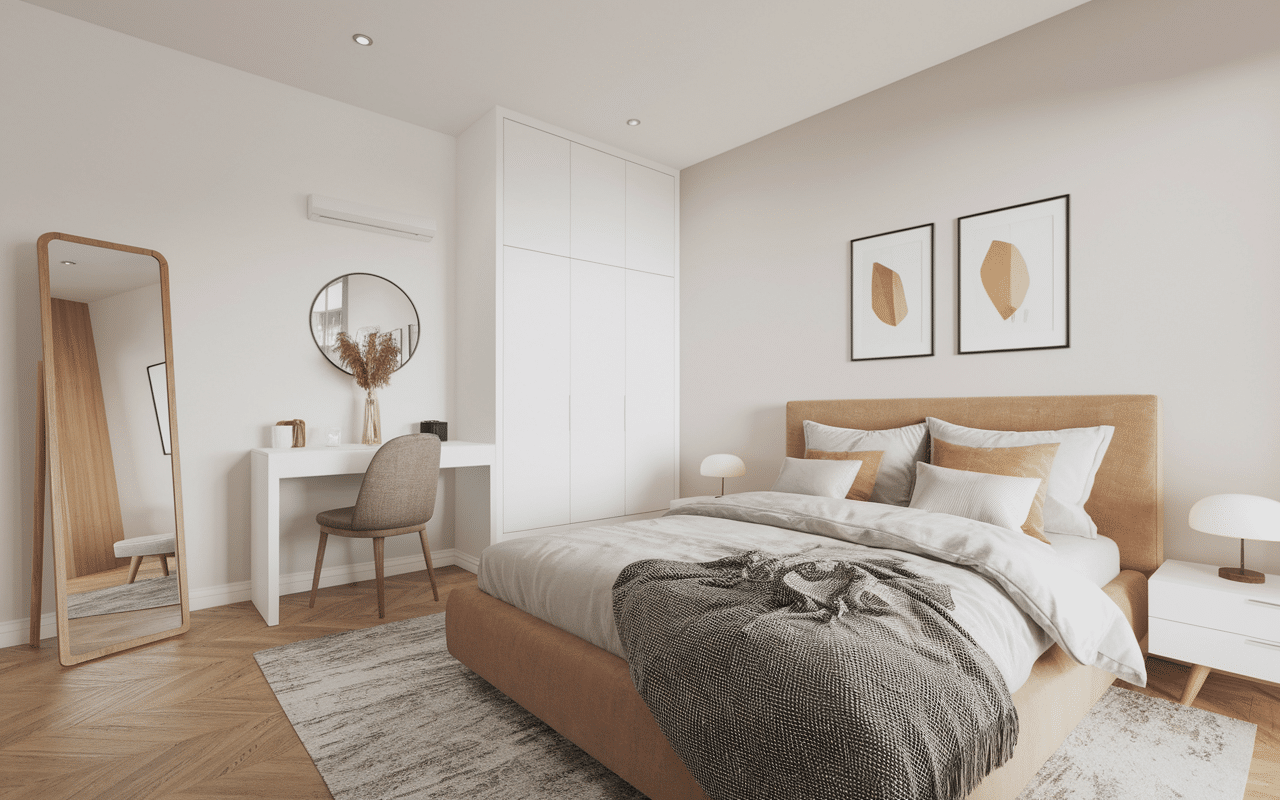 Mobilier chambre verte et rose avec bois clair et miroir