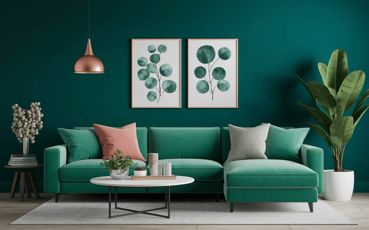 Palette couleurs chambre verte et rose, motifs accessoires
