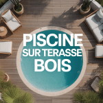 Terrasse bois avec piscine sur terrasse bois circulaire entourée de verdure