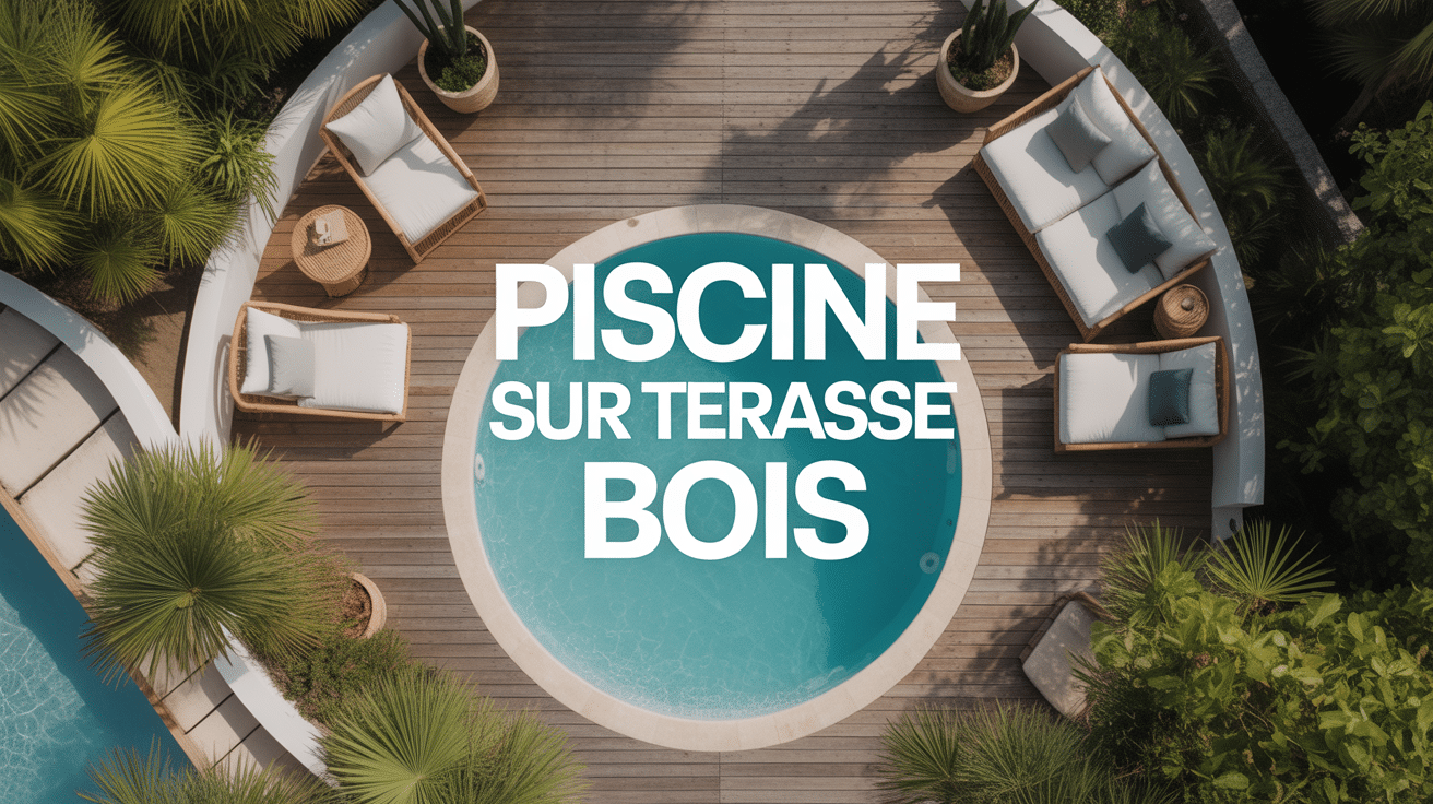 Terrasse bois avec piscine sur terrasse bois circulaire entourée de verdure