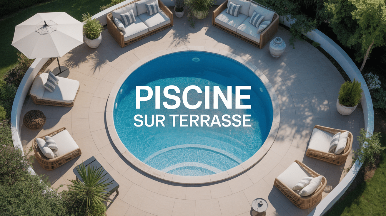 Vue aérienne piscine sur une terrasse avec mobilier de jardin