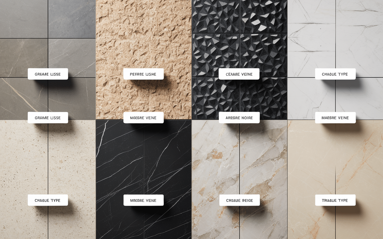 Échantillons rangés indiquant poid carrelage au m2