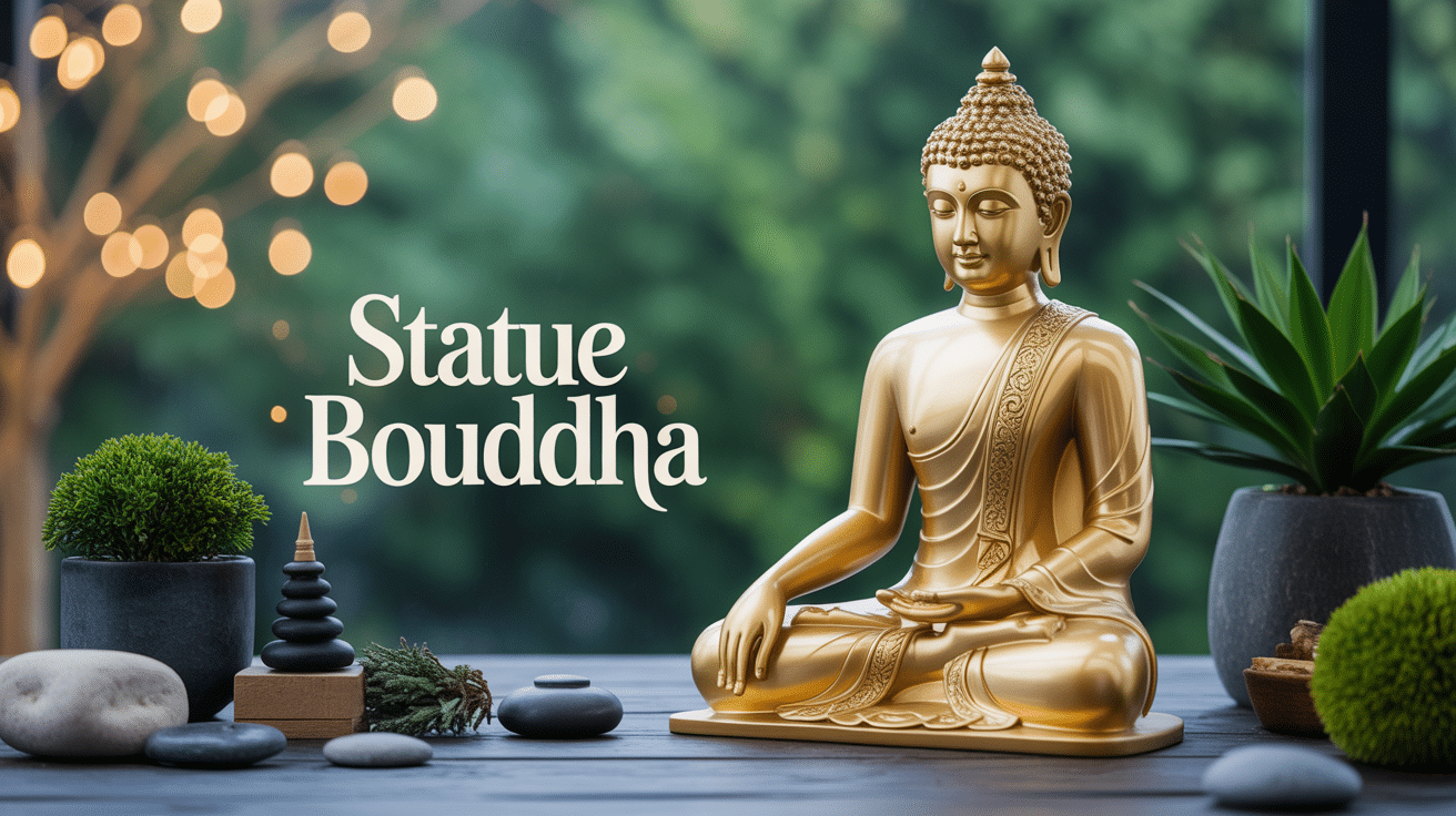 Statue bouddha dorée entourée de bougies et plantes