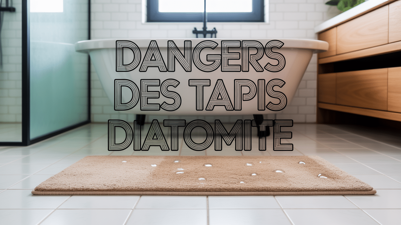 tapis diatomite danger posé sur sol de salle de bain avec gouttelettes
