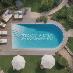 Vue aérienne terrasse avec piscine en bois et jardin